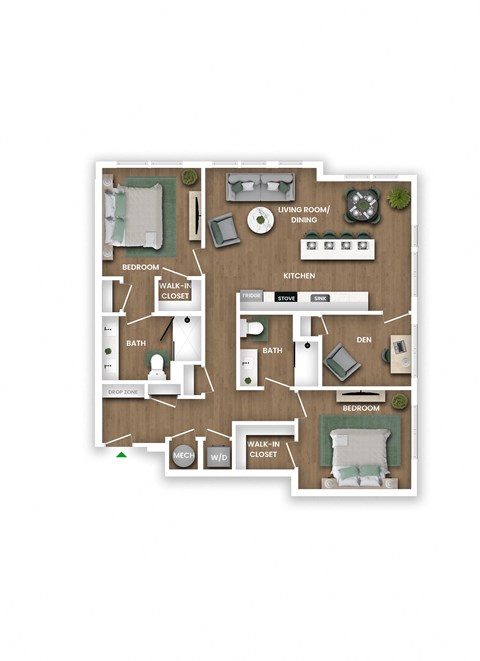 A floor plan of a house with two bedrooms, a living room, a kitchen, a bathroom, and a den.