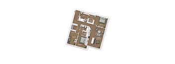 A floor plan of a house with a kitchen, living room, and three bedrooms.