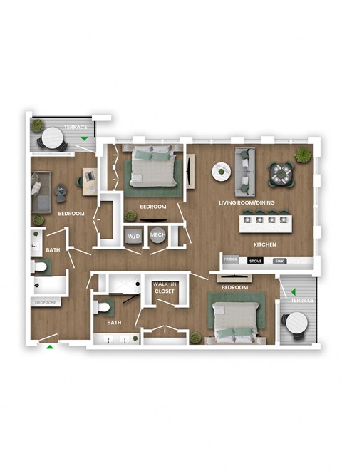 A floor plan of a house with a terrace, two bedrooms, a living room, a kitchen, a bathroom, a study, and a laundry room.