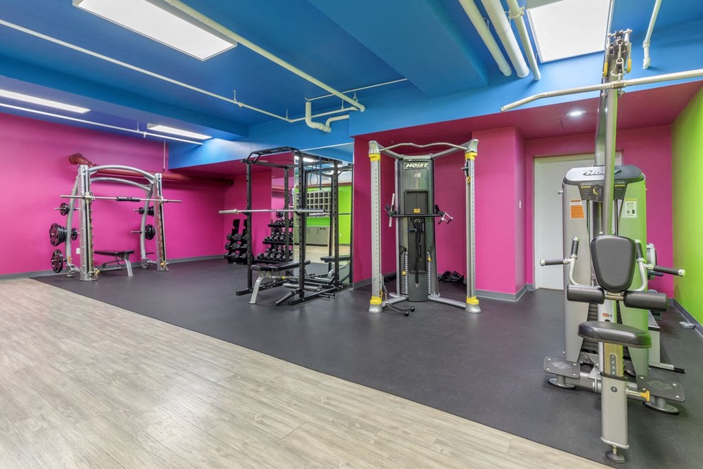 a gym with fitness equipment and pink and green walls at the Equitable Building, Baltimore, MD, 21202