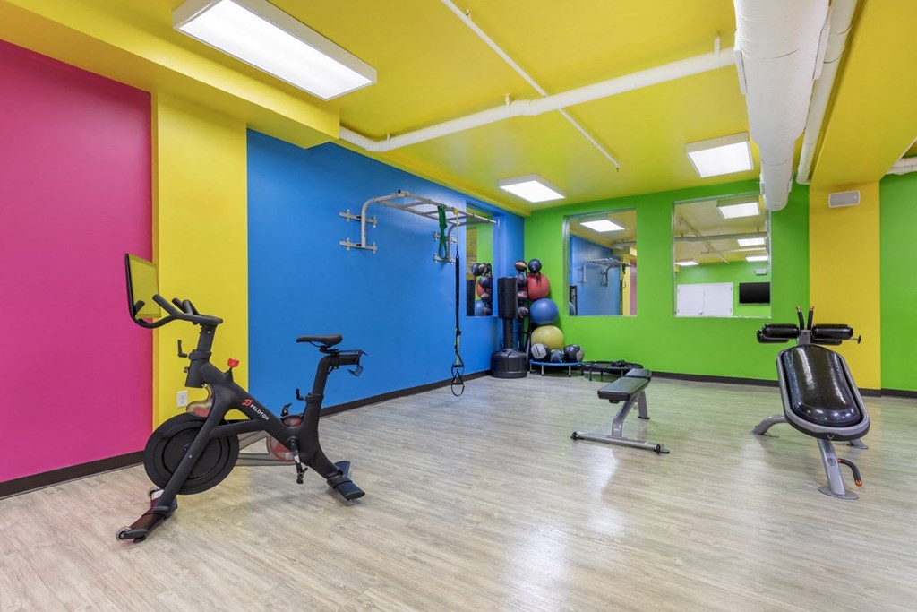 a workout room with an exercise bike and balls in it at The Harriet at the Equitable Building, Baltimore, 21202