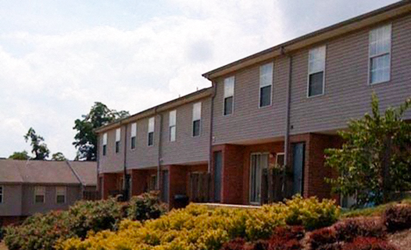 a row of houses with bushes in front of them