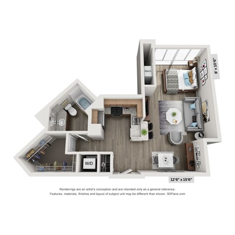 A 3D floor plan of a small apartment with a kitchen, living room, and bathroom.