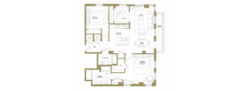 A floor plan of a house with a bedroom, bathroom, kitchen, and living room.