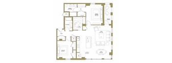 A floor plan of a house with a primary bathroom, a foyer, a bedroom, a kitchen, a dining area, and a private terrace.