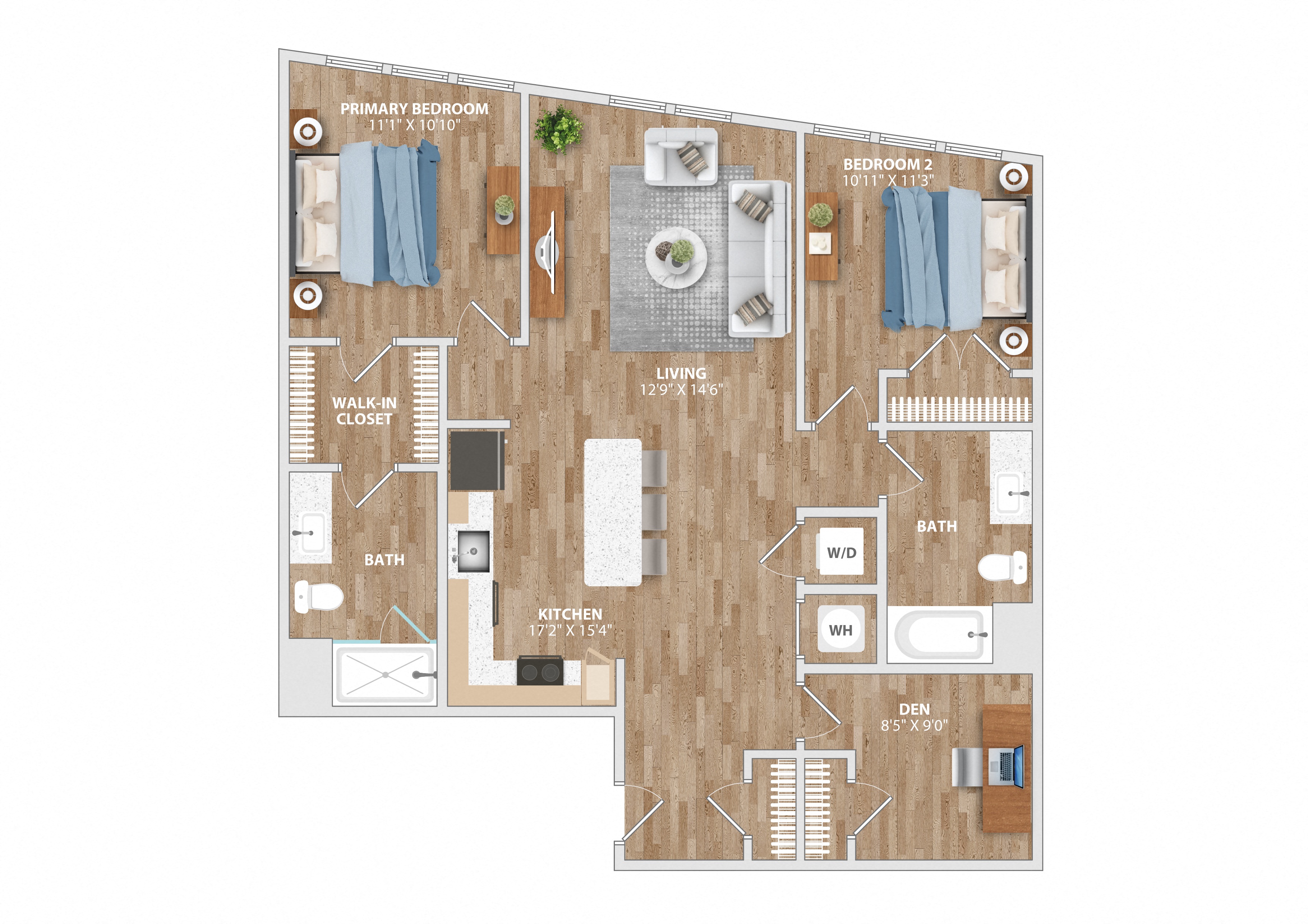 B7D Den Floor Plan 2 Bed 2 Bath 1,223 Sq. Ft. at Hawkins Press Apartments in Charlotte, NC 28203