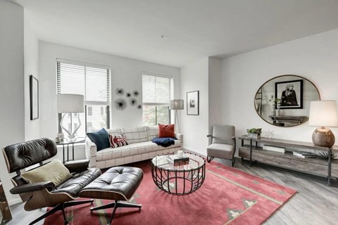 a living room with white walls and a red rug