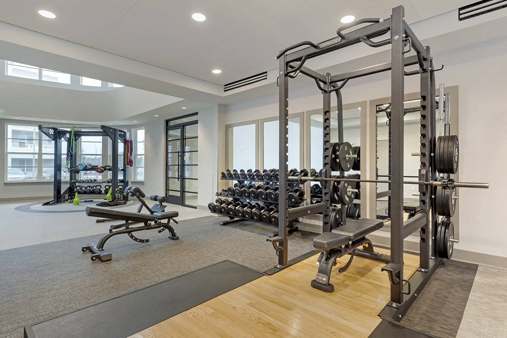 a workout room with weights and other exercise equipment at trillium apartments in fairfax,at Delamarre at Celebration, Celebration, FL