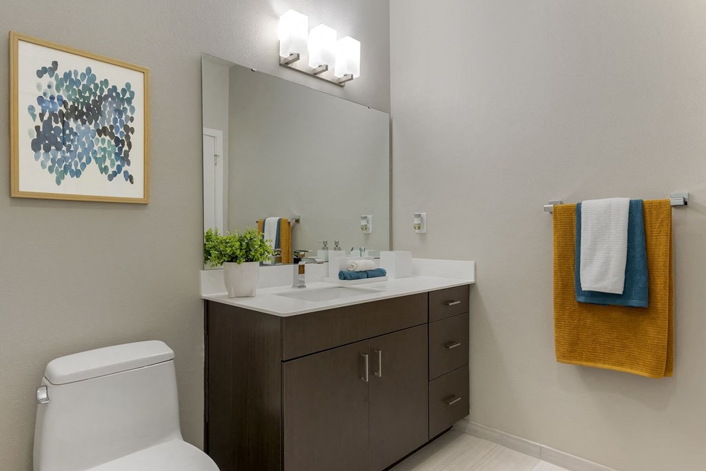 a bathroom with a toilet sink mirror and towel rack at Delamarre at Celebration, Celebration, FL
