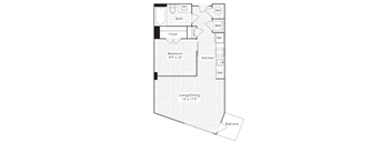 A floor plan of a small apartment with a living/dining area, kitchen, bathroom, bedroom, and balcony.