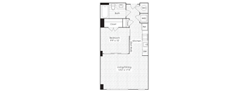 A floor plan of a small apartment with a bedroom, living room, and kitchen.