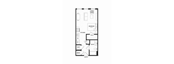 A floor plan of a small apartment with a living room, bedroom, kitchen, bathroom, and entry.