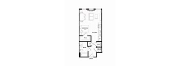 A floor plan of a small apartment with a bedroom, a kitchen, a living room, a bathroom, and an entry way.