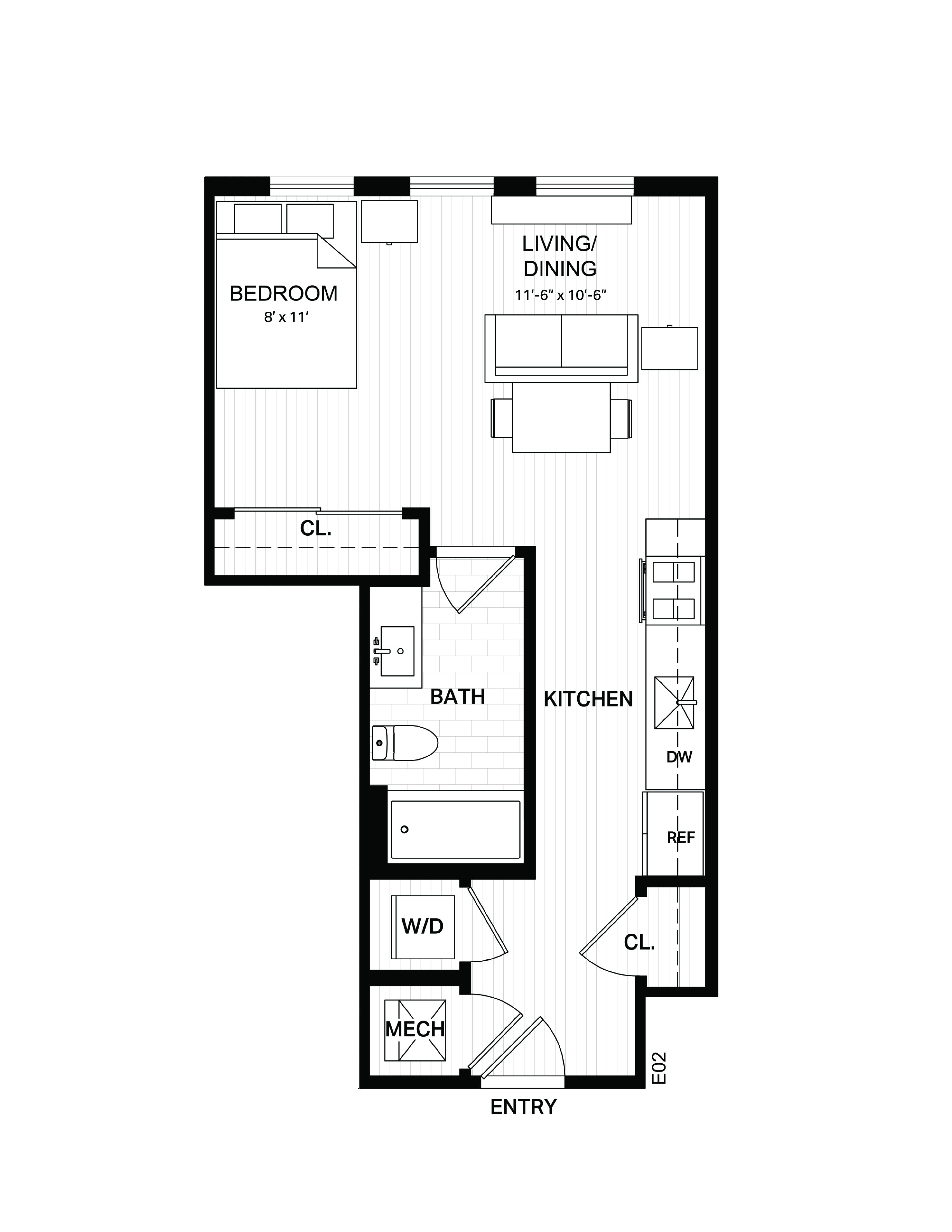 A floor plan of a small apartment with a bedroom, living room, kitchen, and bathroom.