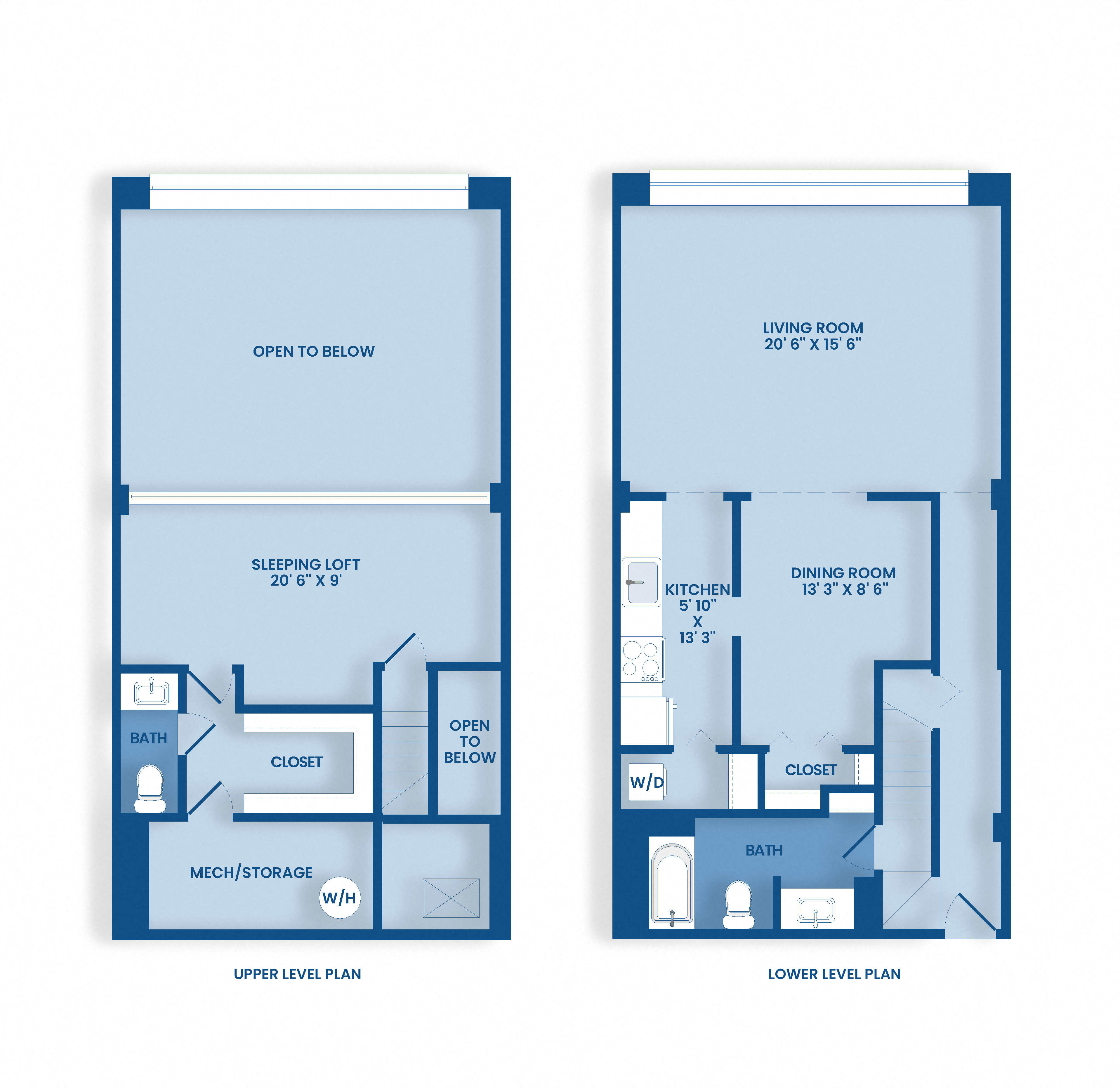 two blue vector floor plans of a modern apartment on white and blue backgrounds