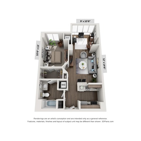 A 3D floor plan of a small apartment with a kitchen, living room, and bathroom.
