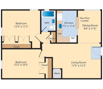 2 bed 1 bath B3 Floor Plan at The Fields of Old Town, Alexandria, VA
