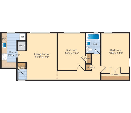 2 bed 1 bath  B4 Floor Plan at The Fields of Old Town, Alexandria, Virginia