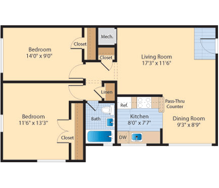 2 bed 1 bath B1 Floor Plan at The Fields of Old Town, Alexandria, 22302