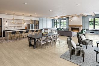 a living room with hardwood floors and a large open area with a dining table and chairs at Fairmont at South Lake, Bowie, 20716