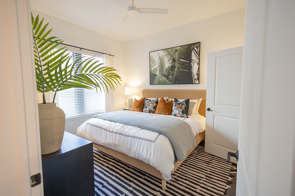 a bedroom with a bed and a potted plant a bedroom with a bed and a potted plant at La Unión, Tampa, FL, 33605