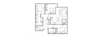 A floor plan of a house with a kitchen, living room, and bathrooms.