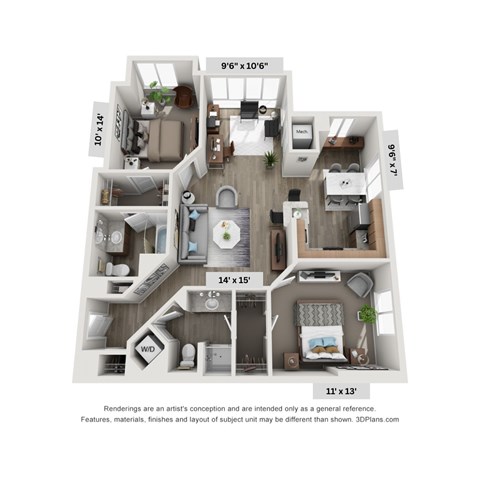 A 3D floor plan of a small apartment with a kitchen, living room, and bathroom.