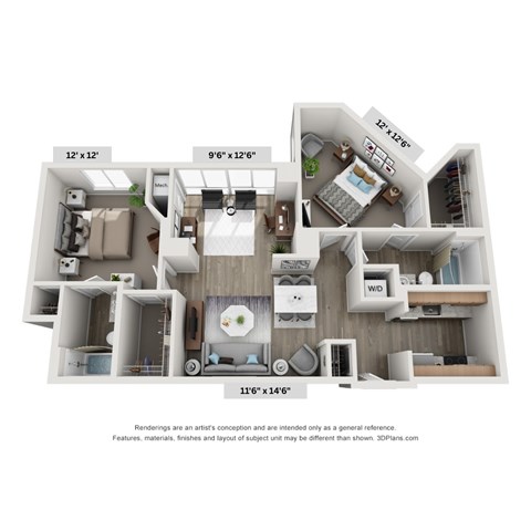 A 3D floor plan of a house with a kitchen, living room, and bathroom.