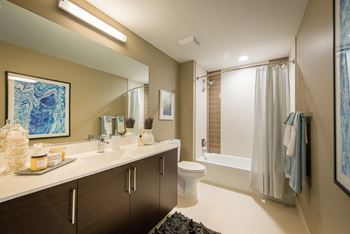 a bathroom with a sink and a toilet and a shower at The Acadia at Metropolitan Park Apartments in Arlington, VA 22202