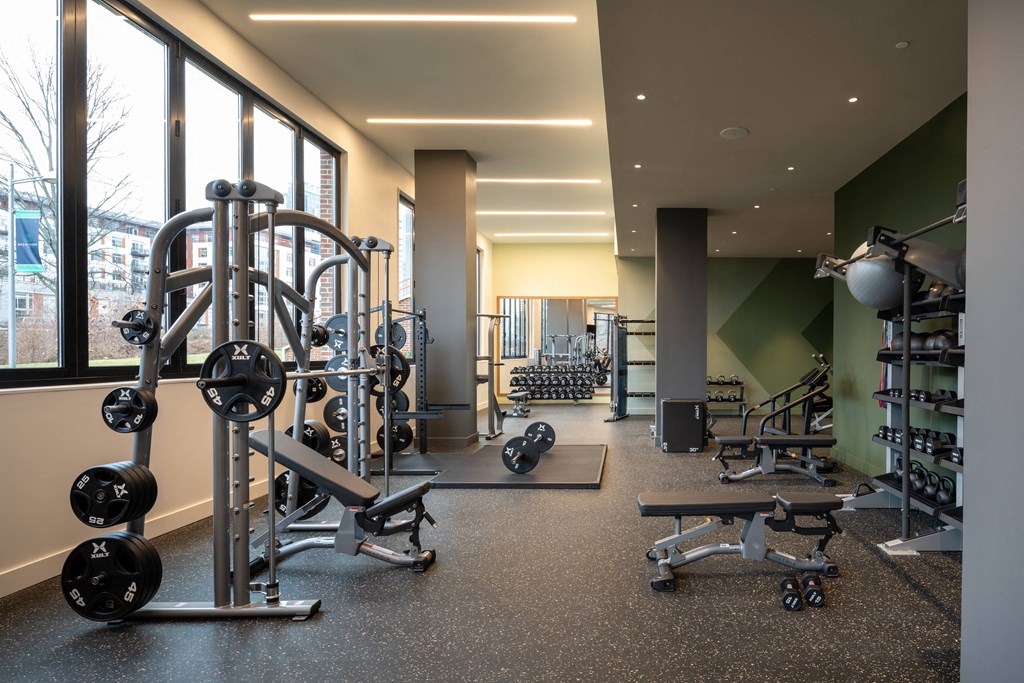 a large fitness room with exercise equipment and large windows at Brentford at The Mile, Tysons, 22102