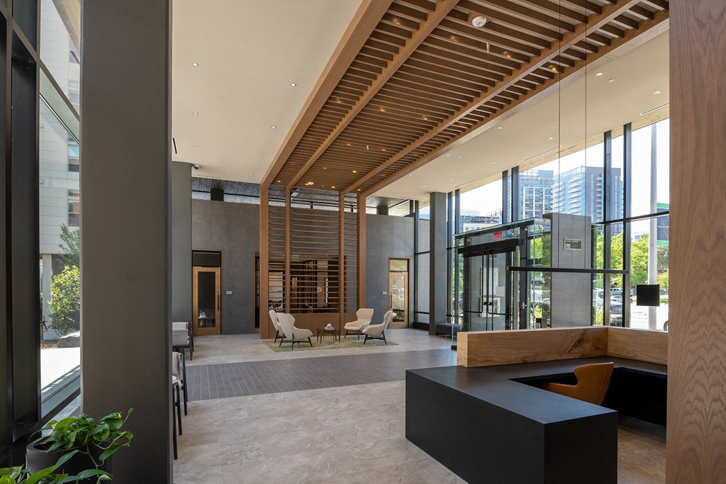 a view of the lobby from the inside of the building at Brentford at The Mile, Tysons, VA, 22102