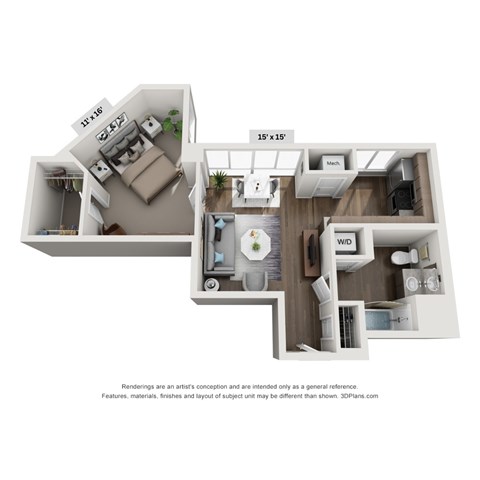 A 3D floor plan of a small apartment with a kitchen, living room, and bathroom.
