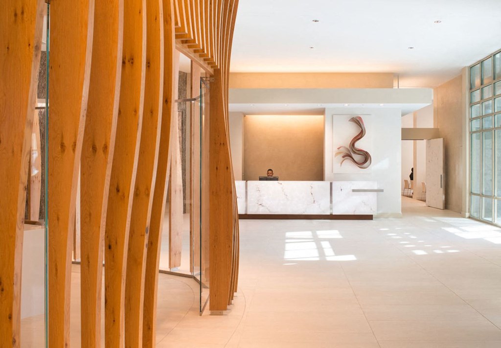 a view of the lobby and reception desk from the second floor at The Acadia at Metropolitan Park, Arlington, Virginia