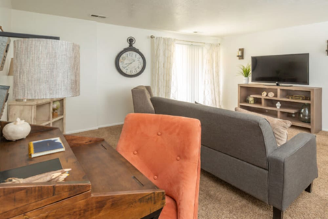 A living room with a grey couch, a wooden coffee table, and a television.