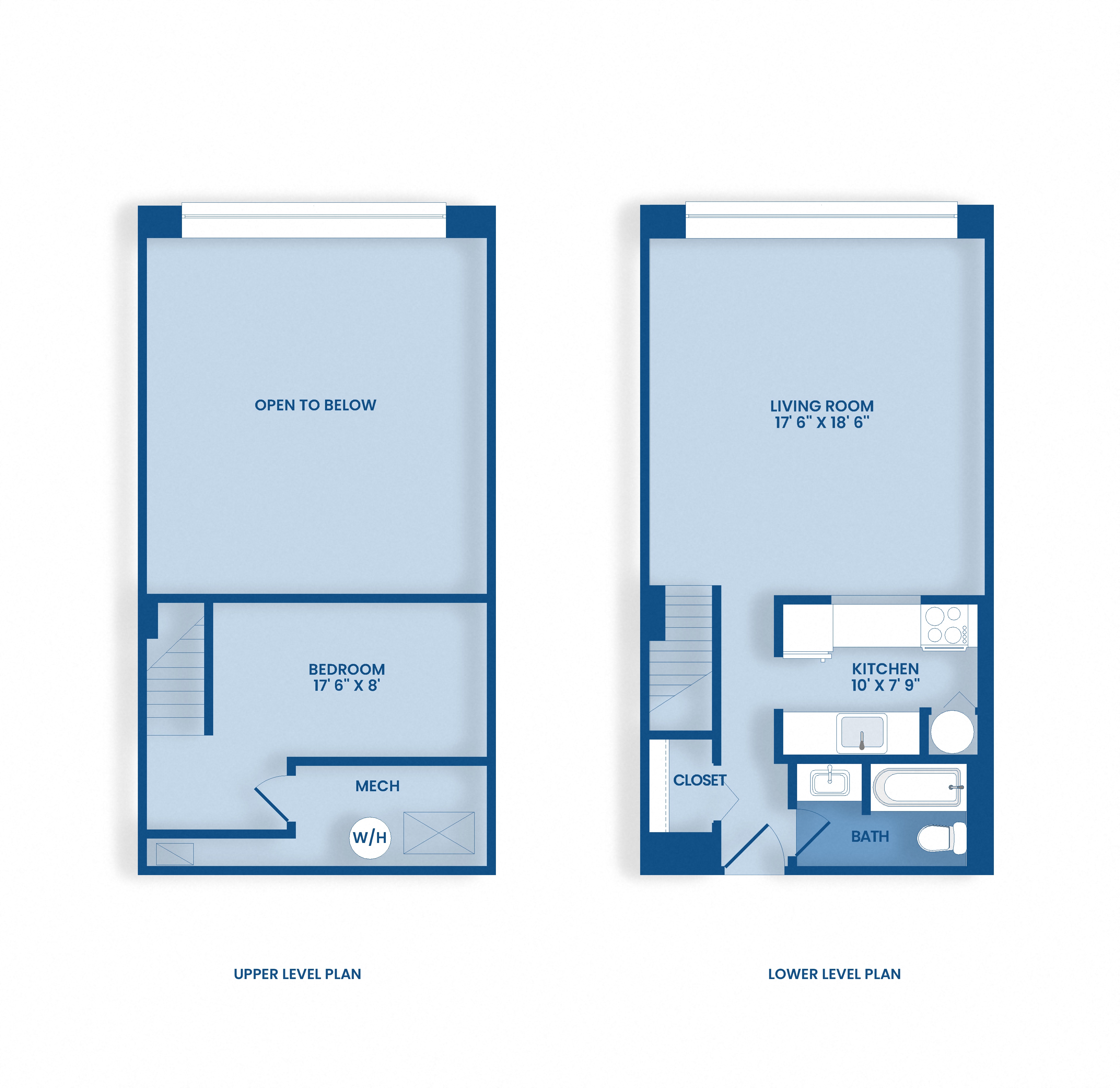 two plans of an open floor plan with a bedroom and a living room