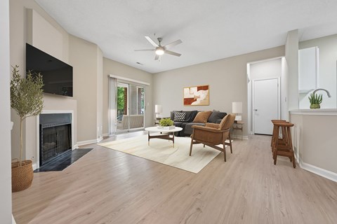 A living room with a fireplace and a television.