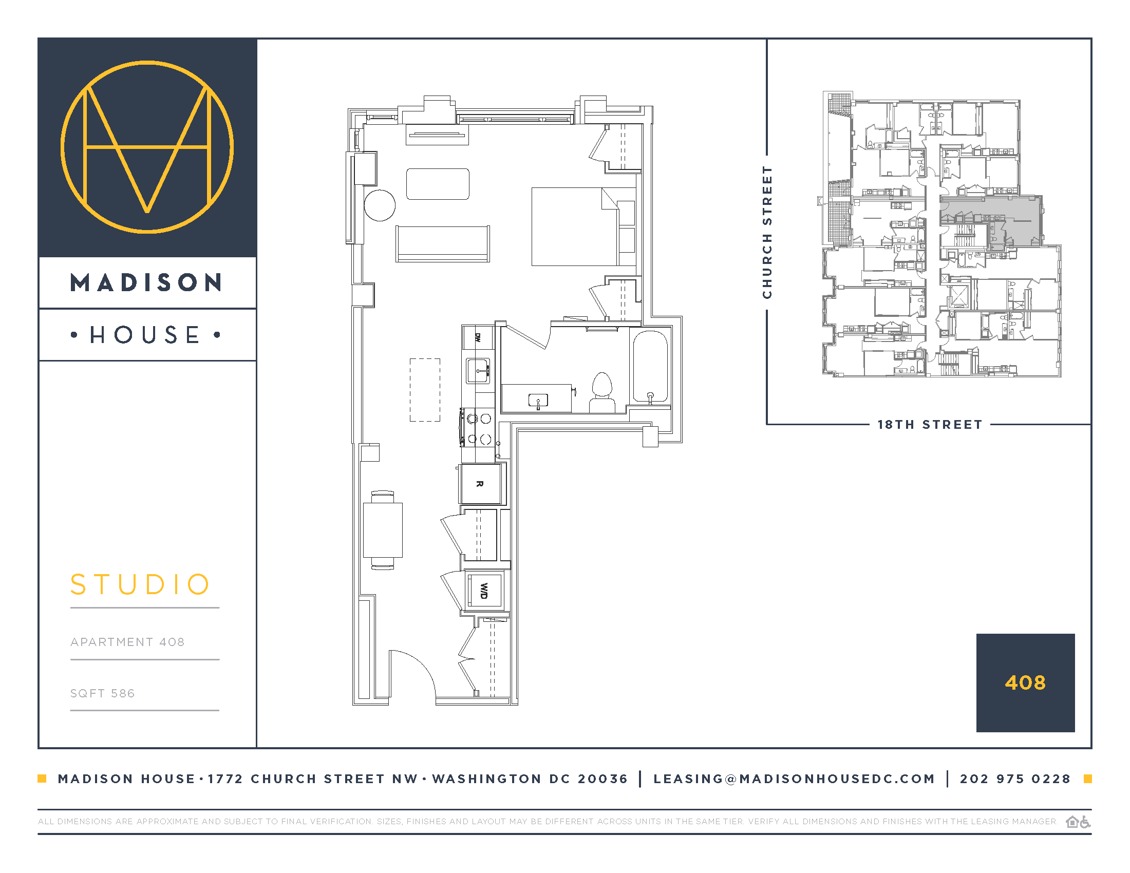 A floor plan for Madison House Studio Apartment 403 on Church Street.