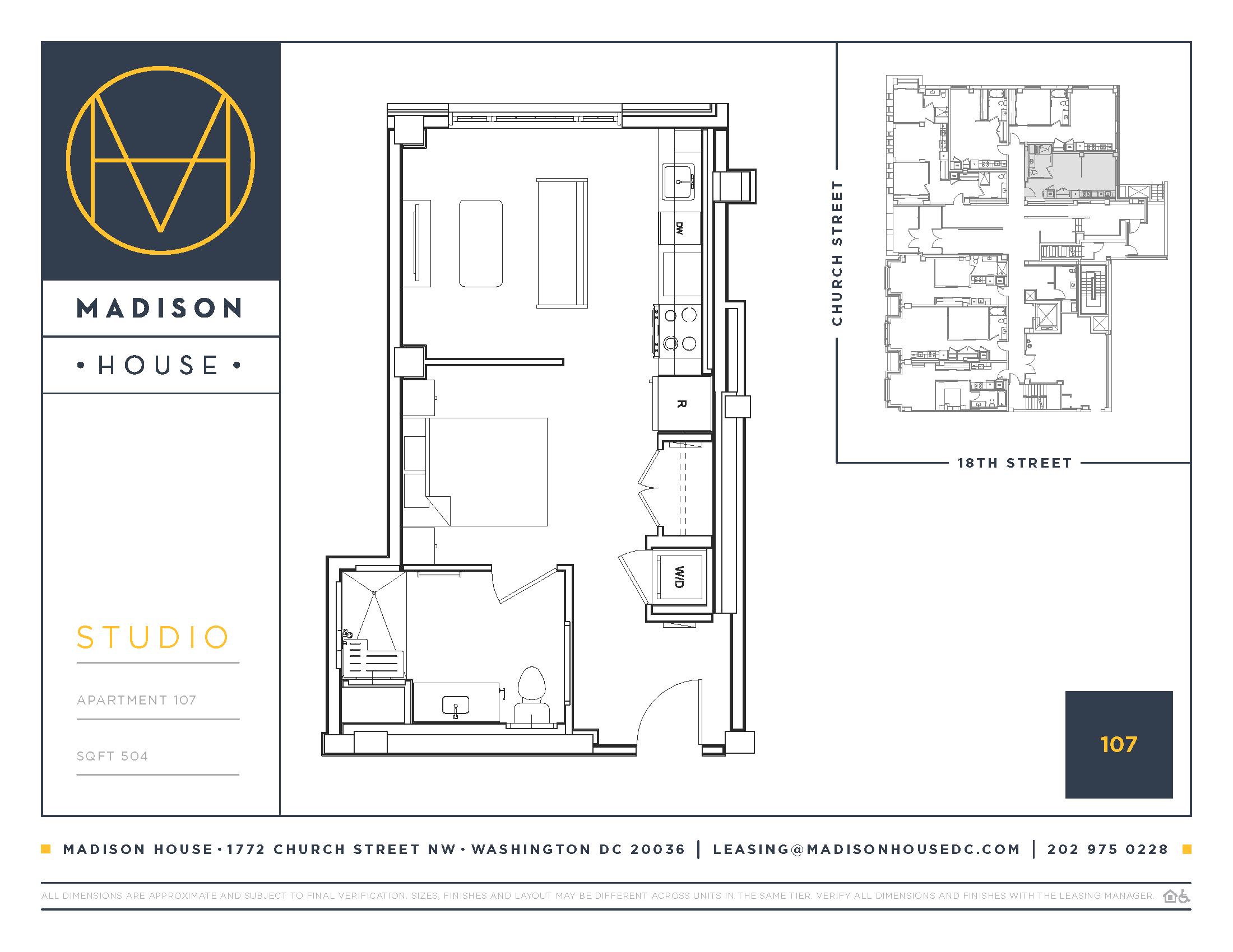 A floor plan for Madison House Studio Apartment 107 on Church Street.