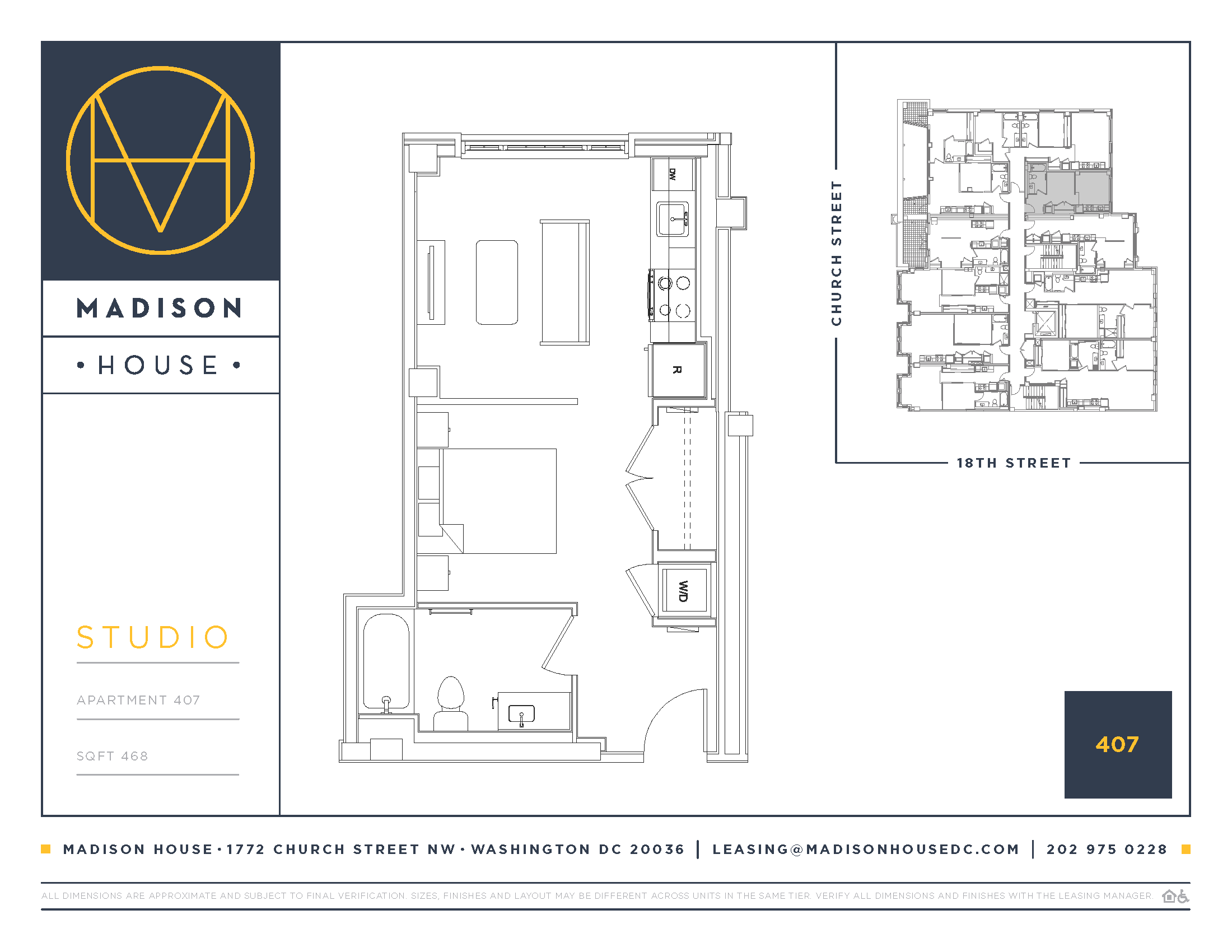 A floor plan for Madison House Studio Apartment 407 with 466 square feet.