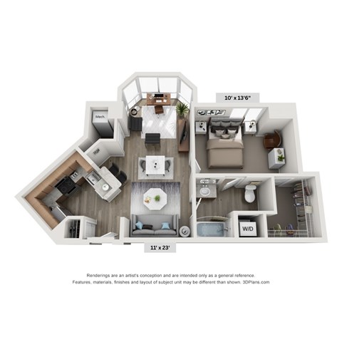 A 3D floor plan of a house with a kitchen, living room, dining room, and two bedrooms.