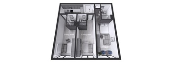 A black and white diagram of a house layout with living areas, kitchens, and bathrooms.