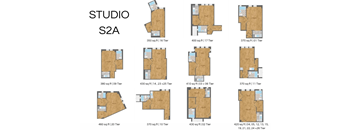 A poster showing different layouts of a studio apartment.