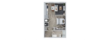 a floor plan of a studio apartment with a bedroom and a living room