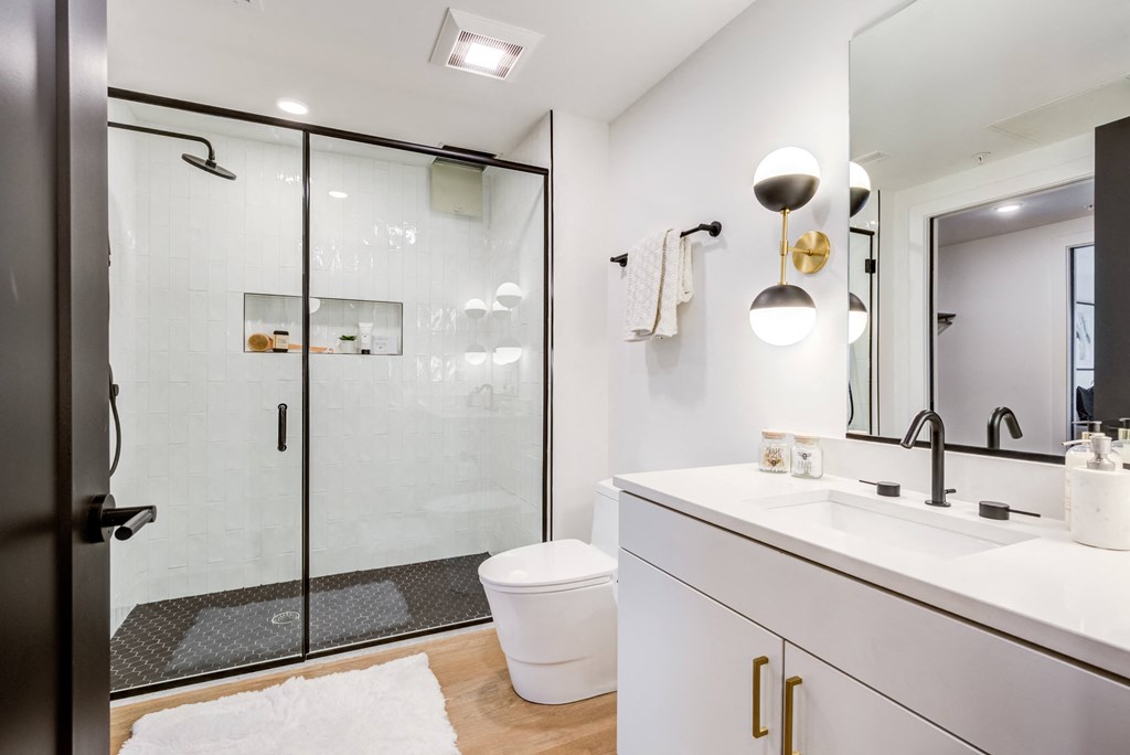 a bathroom with a shower and a sink and a toilet at Rialto, District of Columbia, 20002