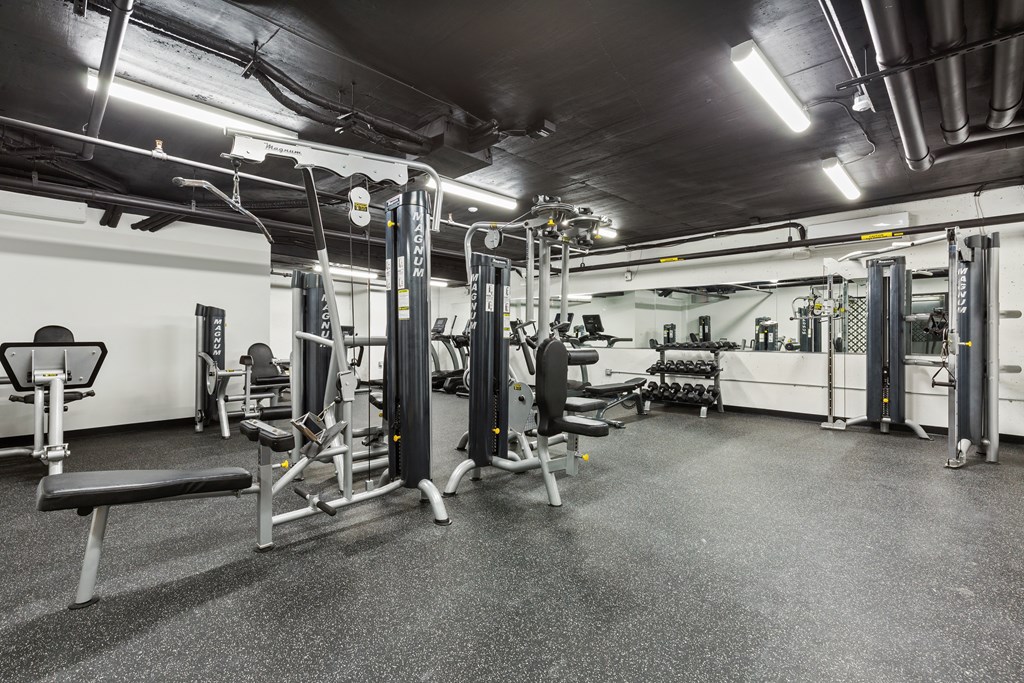 a fitness room with weights and other exercise equipment at Rialto, Washington District of Columbia