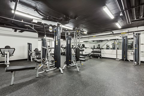 a fitness room with weights and other exercise equipment at Rialto, Washington District of Columbia