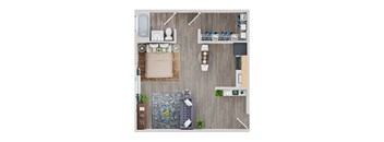 A top-down view of a small apartment with a bed, a couch, a kitchenette, and a bathroom.