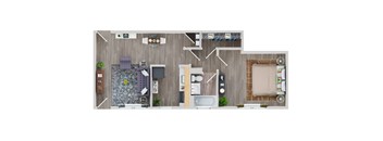 A top-down view of a well-organized kitchen and living room.