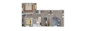 A top-down view of a small apartment with a kitchen, living room, and bedroom.