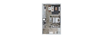 A top down view of a house with a kitchen, living room, and two bedrooms.